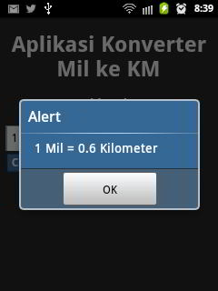 hasil aplikasi android konversi mil
