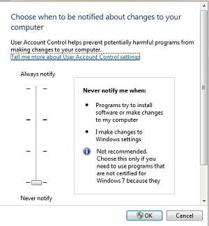 matikan user account control 7